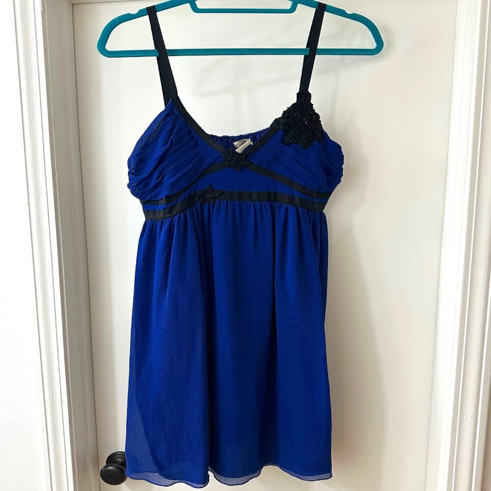 Leon Max Limited Edition Blue Baby Doll Silk Chiffon Dress w/ Beading, Sz Medium